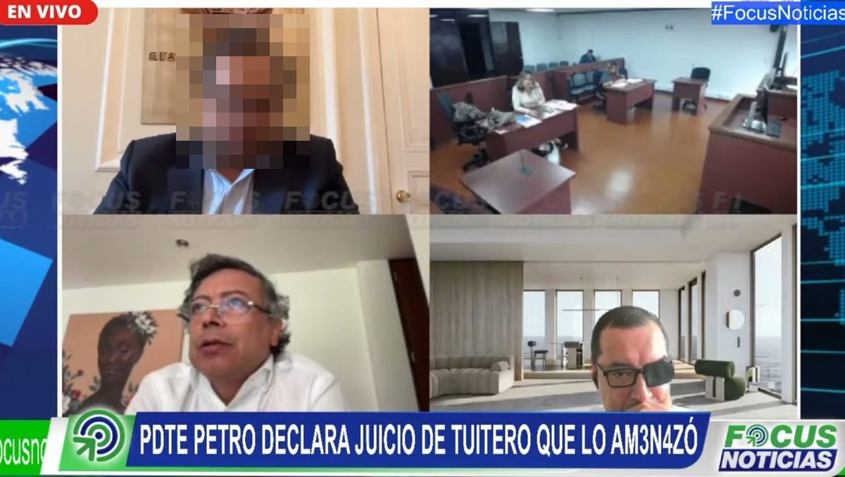 Audiencia virtual transmitida en vivo: el Presidente Gustavo Petro declara y Carlos Arias Martínez participa como defensor (recuadro inferior derecho)