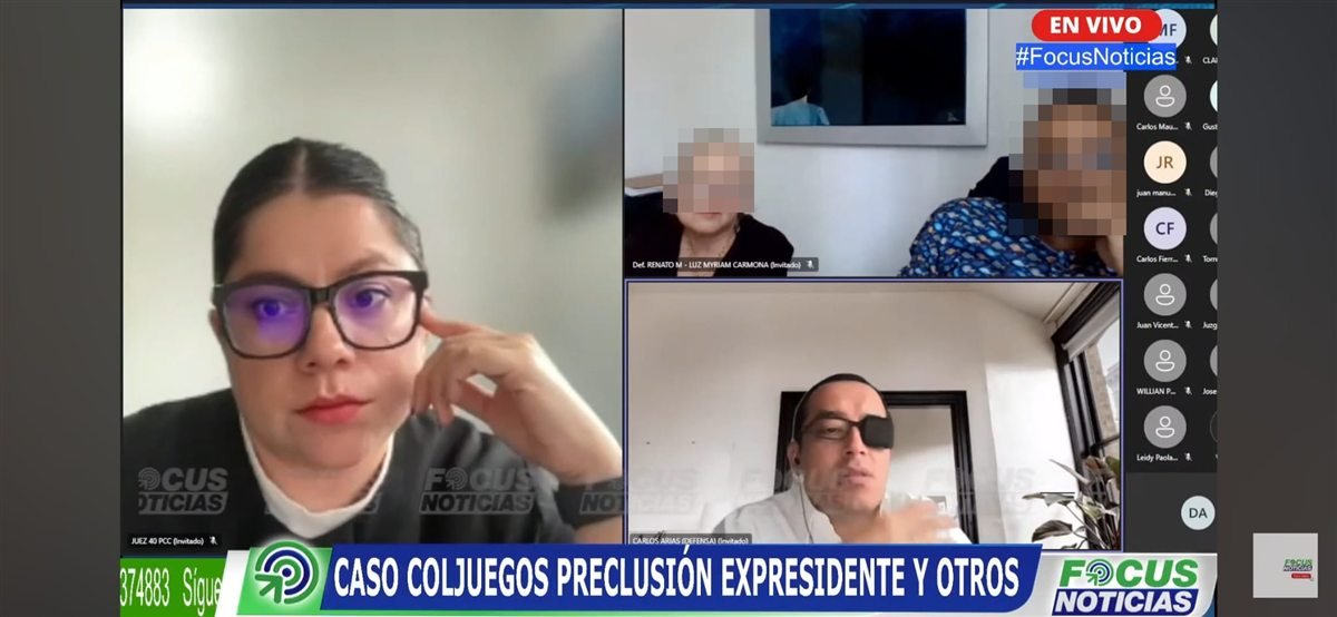 Audiencia virtual del caso Coljuegos transmitida por Focus Noticias, con Carlos Arias en el recuadro de la defensa