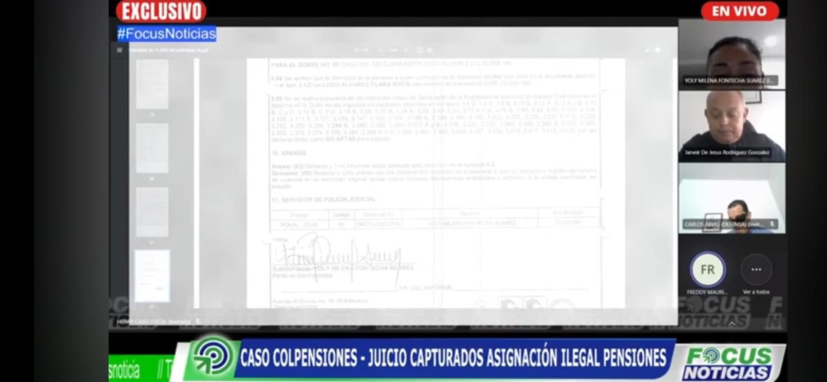 Audiencia del caso Colpensiones transmitida por Focus Noticias, con Carlos Arias en el recuadro de la defensa